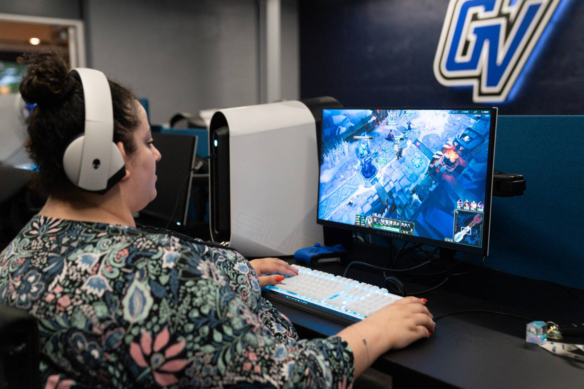 GVSU student playing League of Legends in the Laker Esports Center.